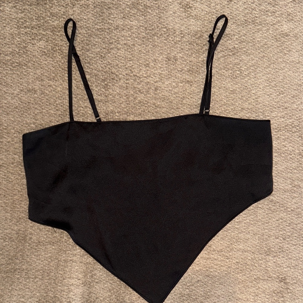 Divided Black Handkerchief-Hem Crop Top with Smocked Back